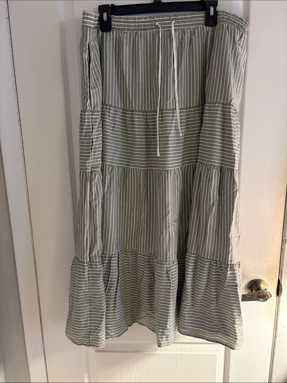 Time and Tru Sage Green and White Striped Tiered Midi Skirt